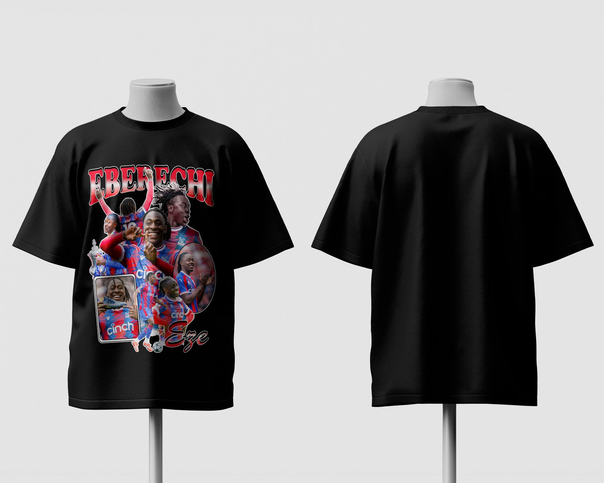 Black t-shirt with a graphic design on a mannequin against a white background