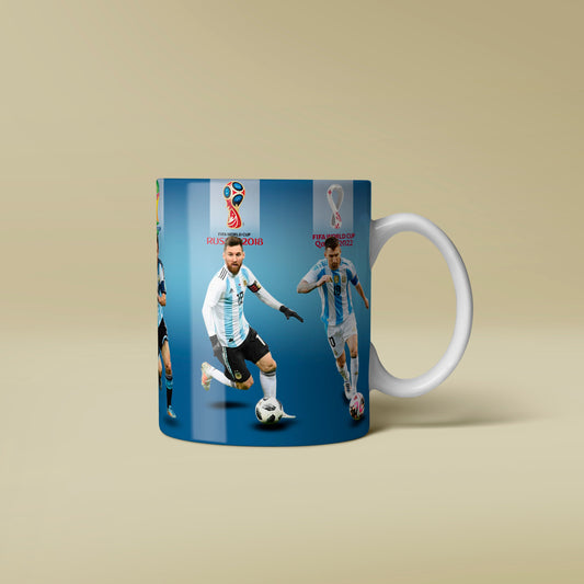 Mug with soccer player design on a beige background