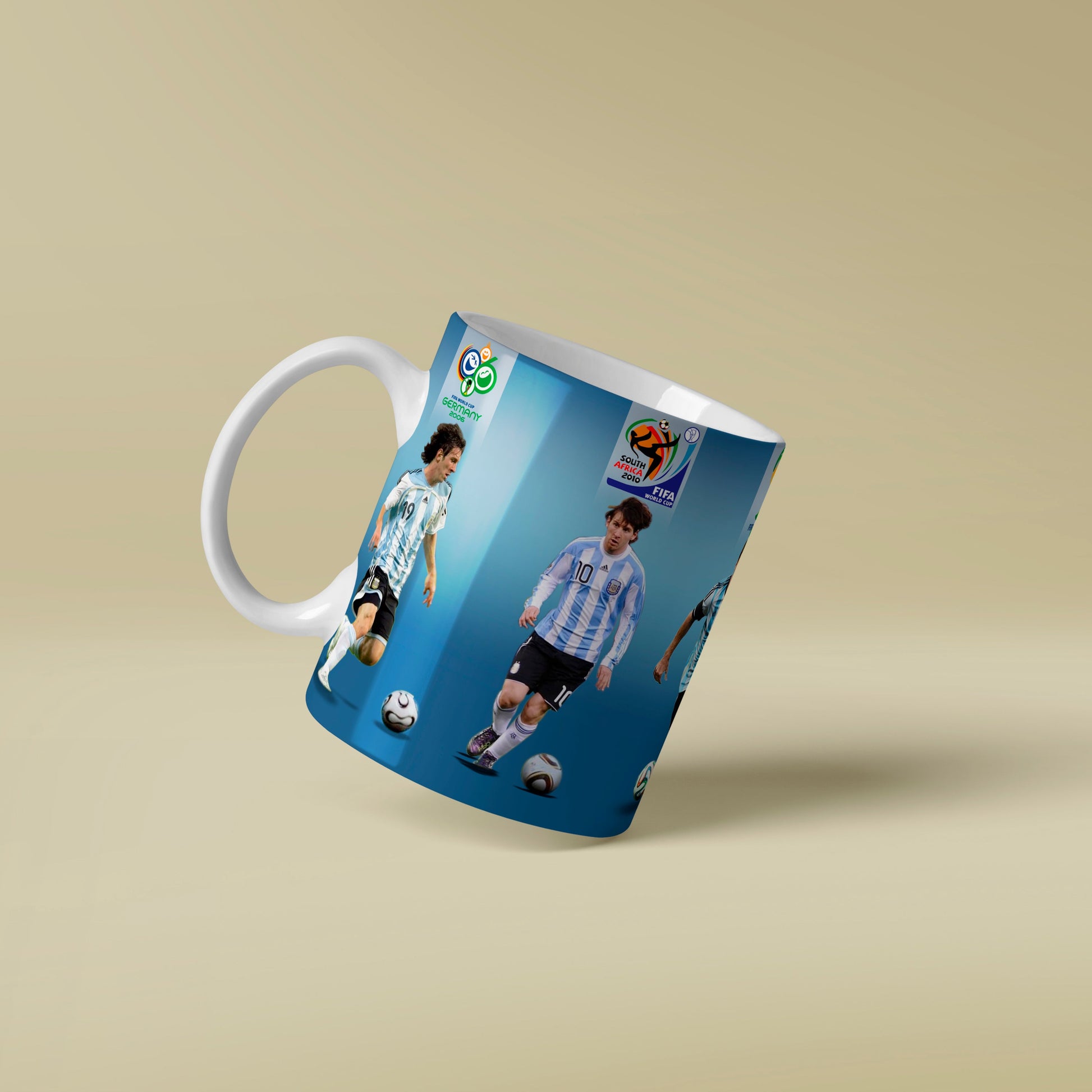 Mug with sports team logo and player images on a beige background