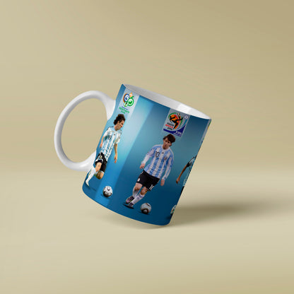 Mug with sports team logo and player images on a beige background
