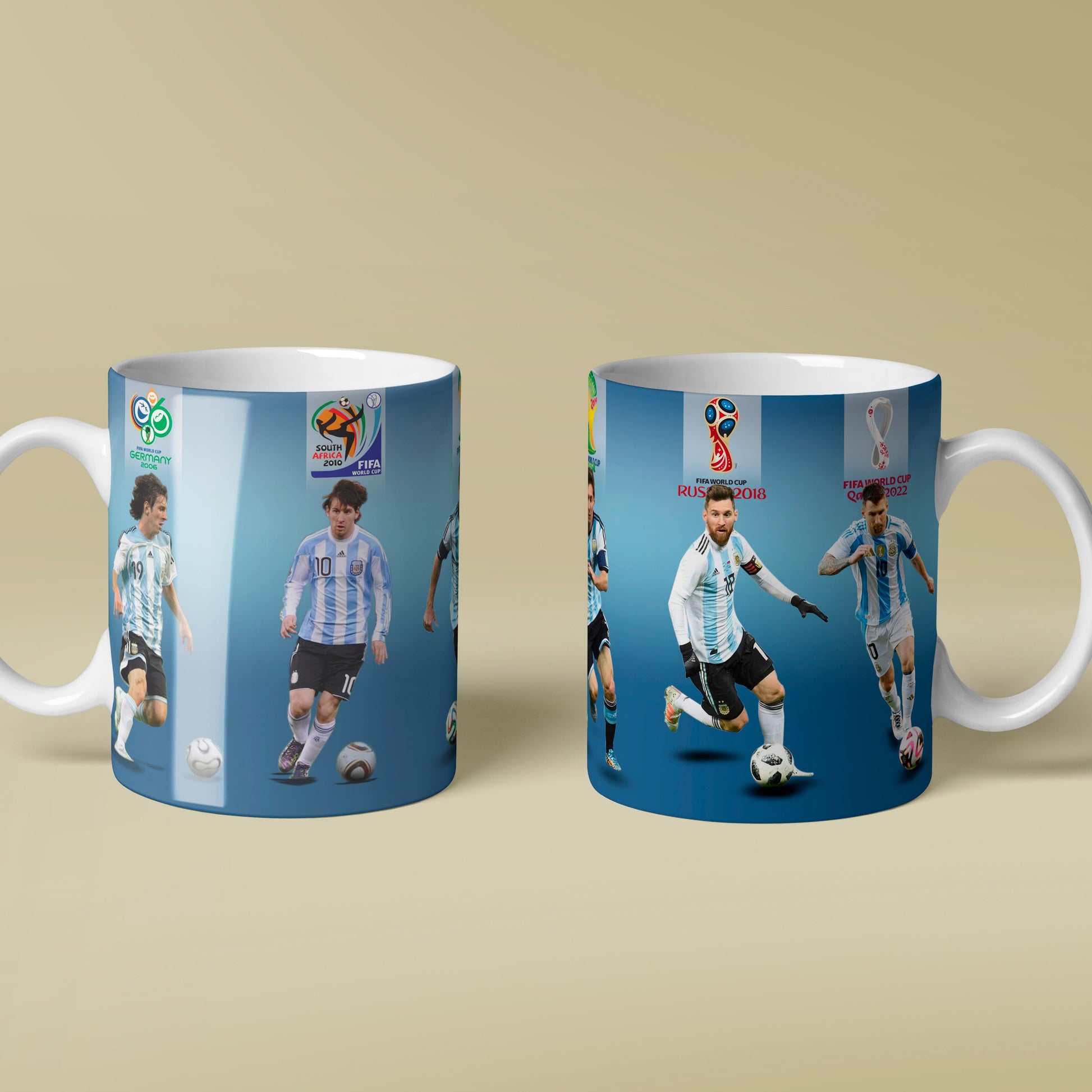 Two mugs with soccer player graphics on a beige background