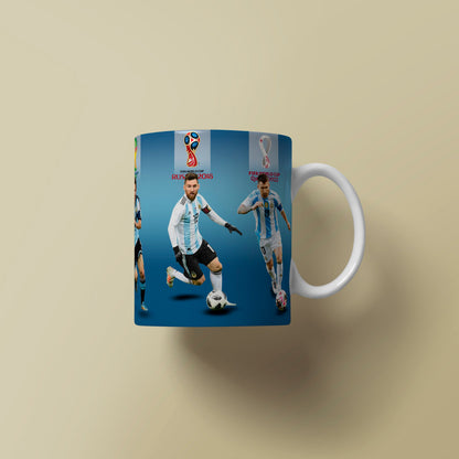 Mug with soccer player design on a beige background