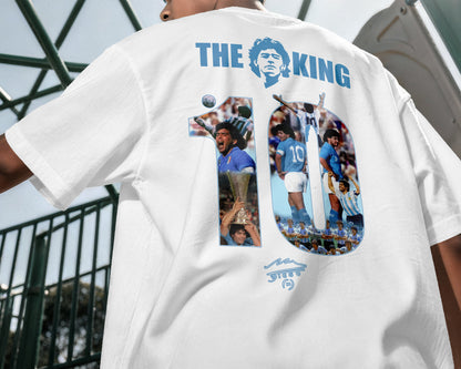 White t-shirt with 'The King' graphic on the back, featuring images of a sports figure and text.