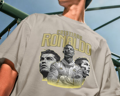 Person wearing a t-shirt with a graphic of Cristiano Ronaldo and text.