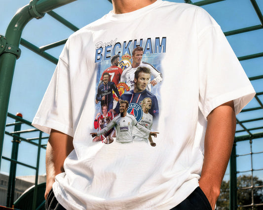 Person wearing a white t-shirt with multiple images of a famous soccer player on a playground.