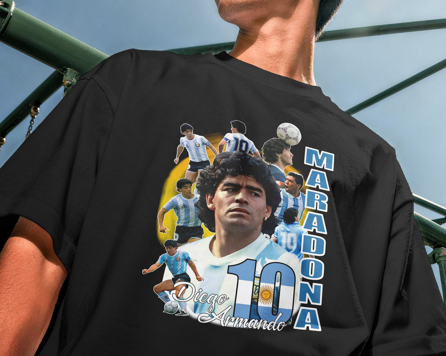 Person wearing a black t-shirt with Diego Maradona graphic and text