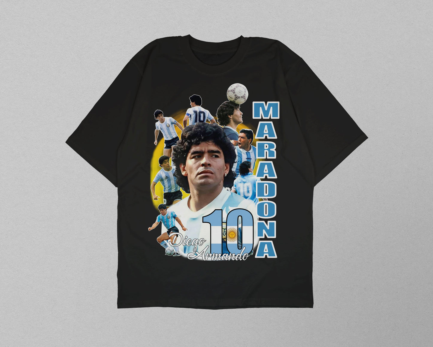 Black t-shirt with soccer player graphic and 'Maradona' text on a gray background