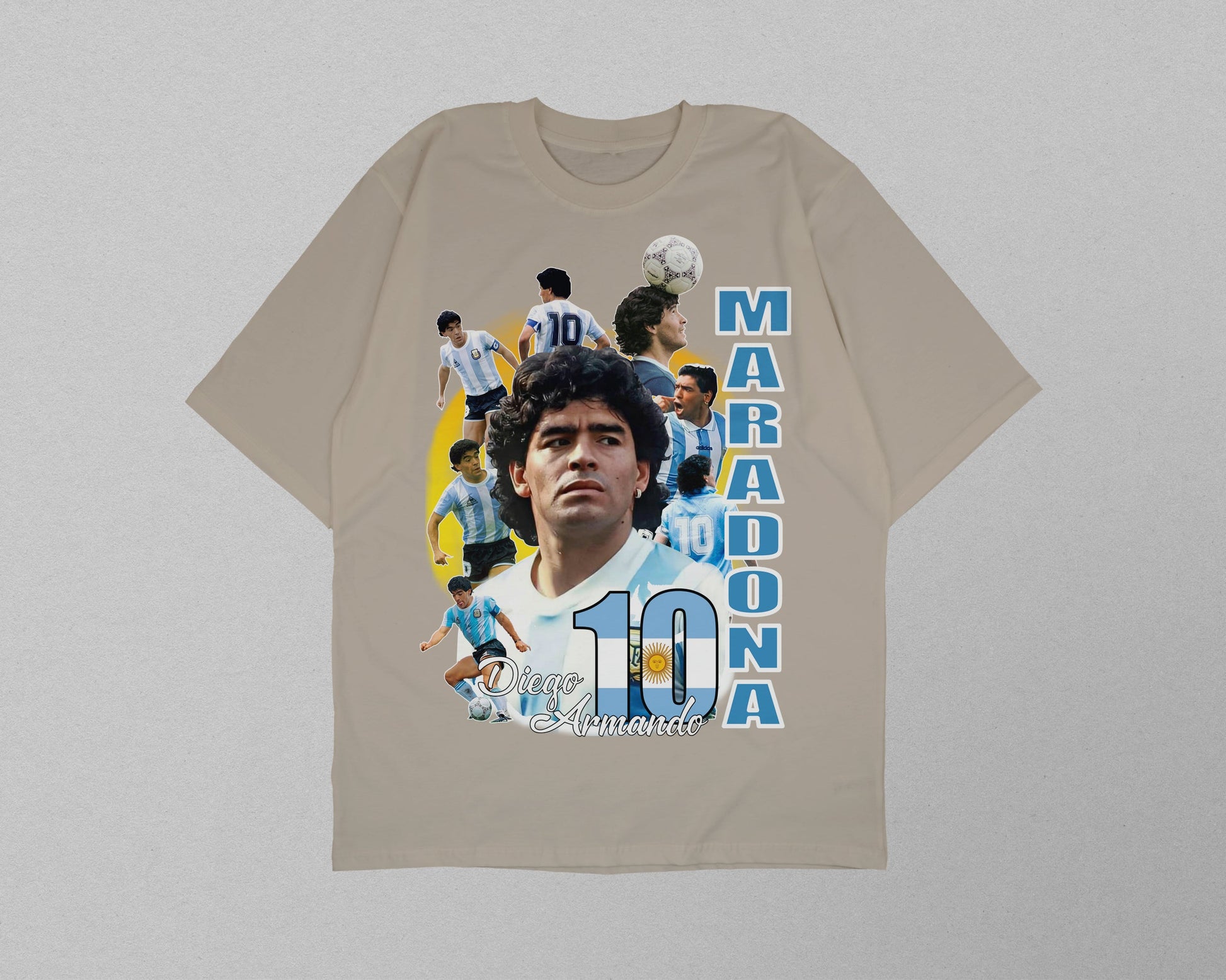 Beige t-shirt with soccer-themed design featuring a player and text on a gray background