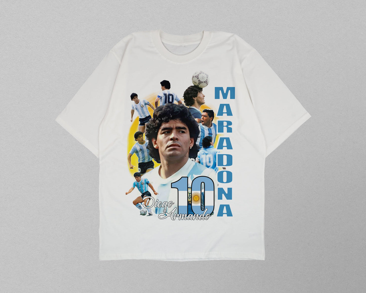 White t-shirt with soccer player graphic and text on a gray background