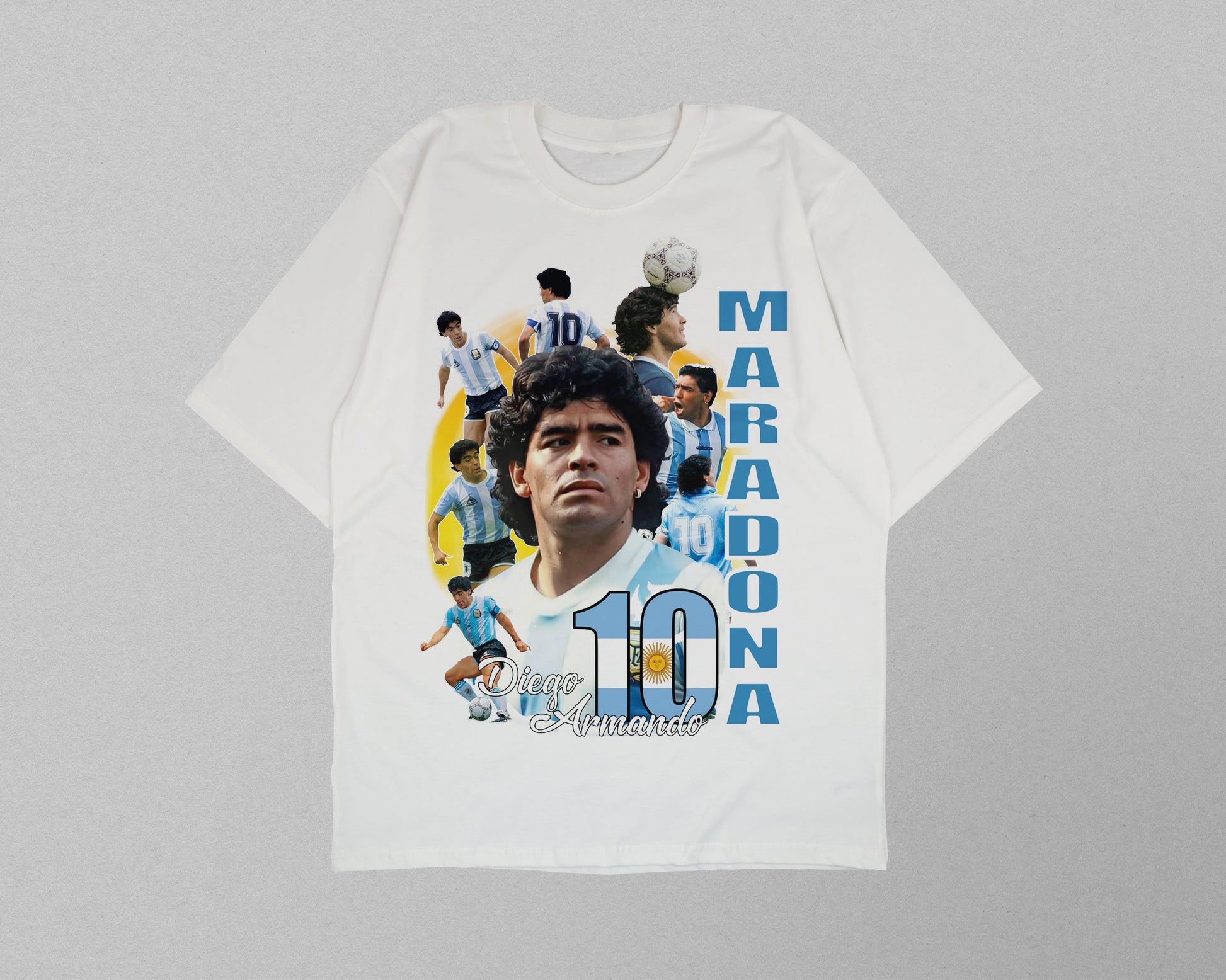 White t-shirt with soccer player graphic and text on a gray background