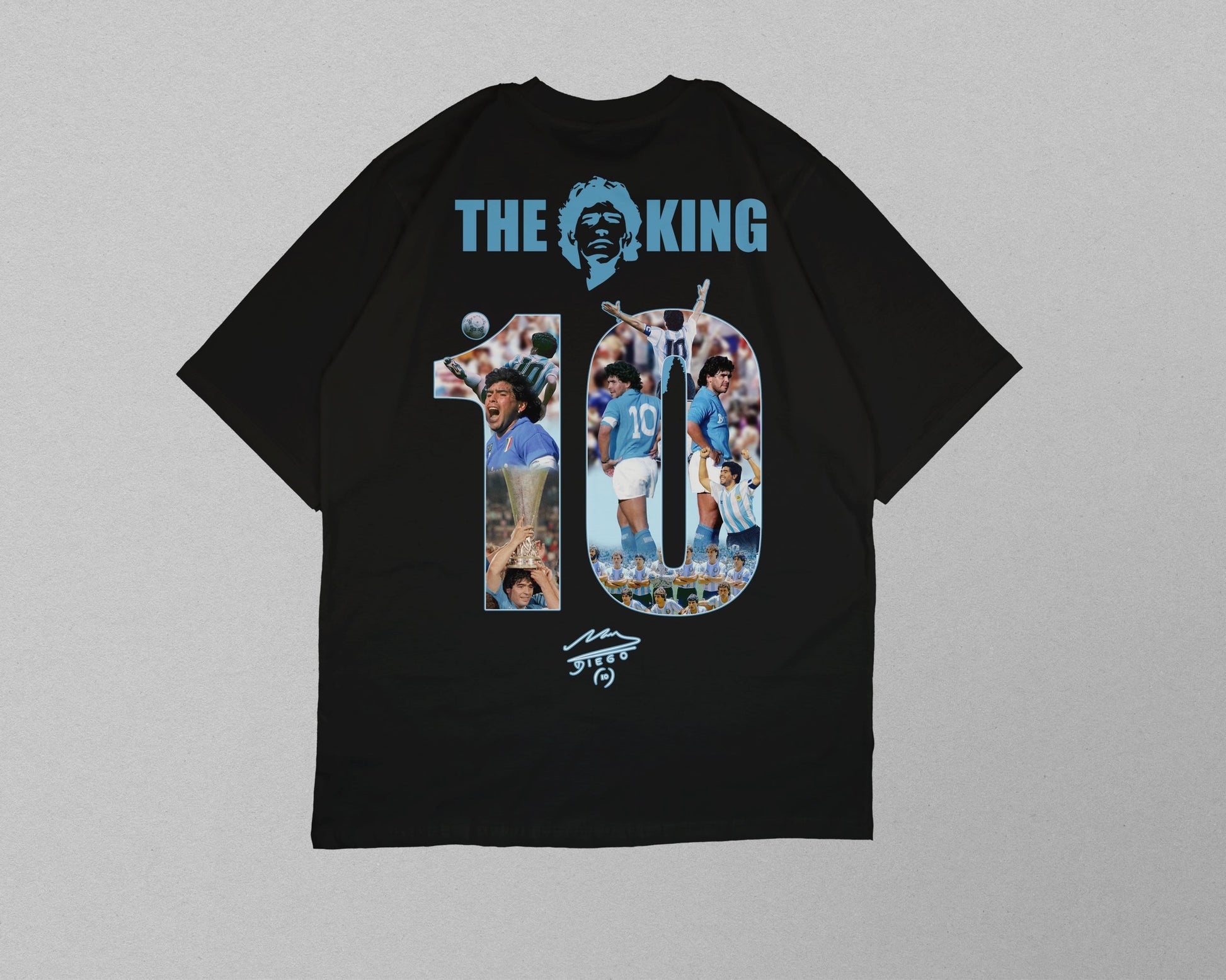 Black t-shirt with graphic design and text on a gray background