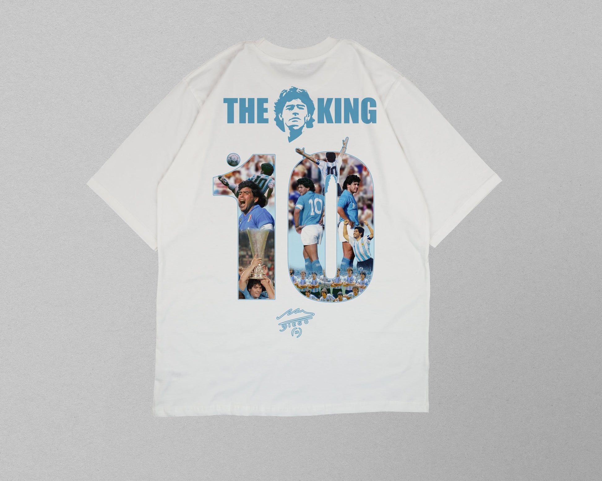 White t-shirt with graphic design and text on a gray background