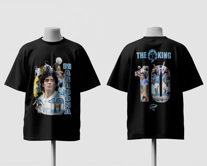 Black t-shirt with a graphic design of a famous soccer player on a mannequin against a light gray background.