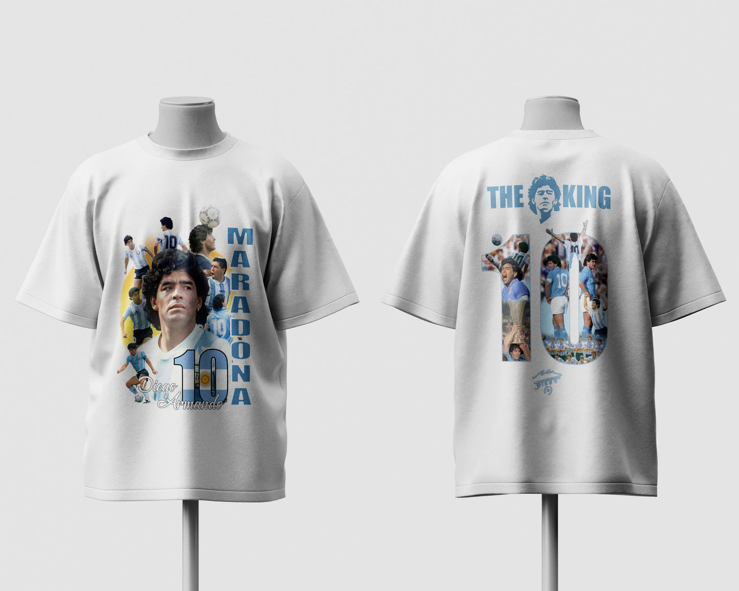 White t-shirt with images and text on a white background