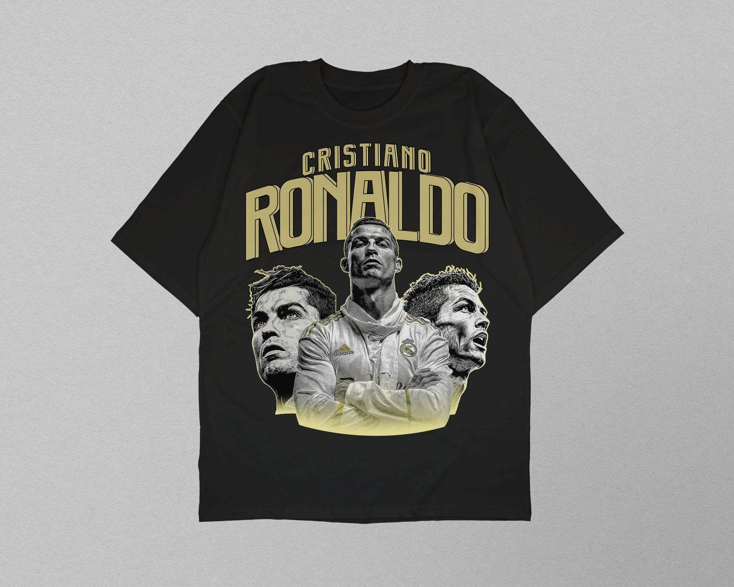 Black t-shirt with 'Cristiano Ronaldo' graphic on a gray background
