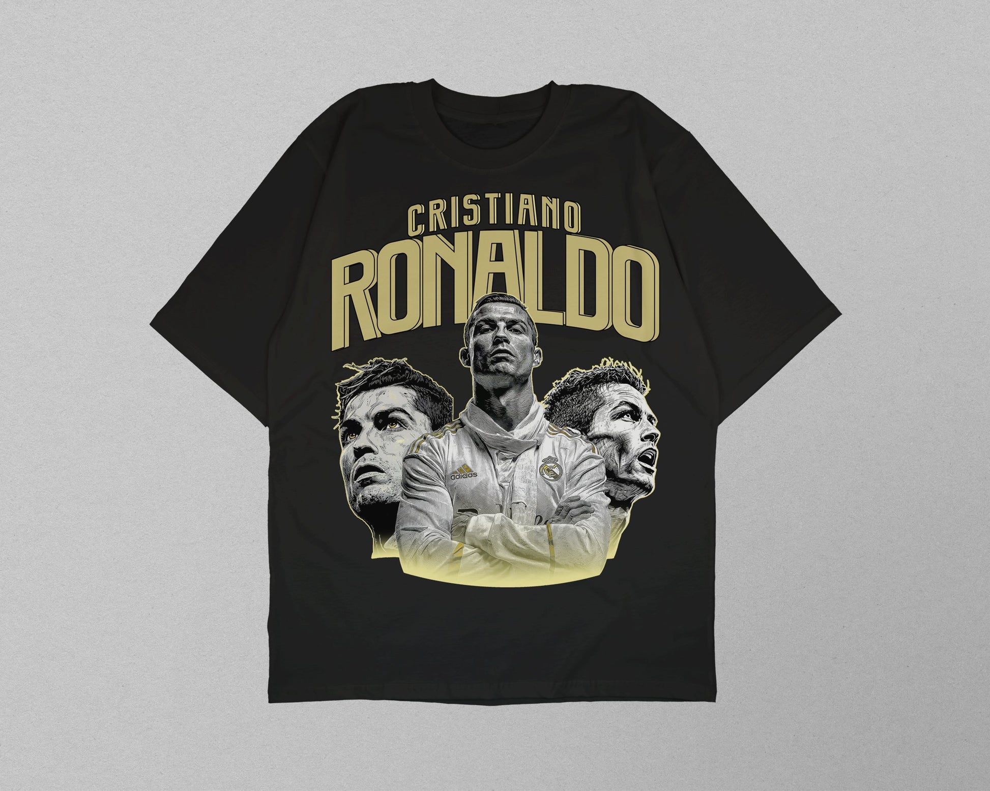 Black t-shirt with 'Cristiano Ronaldo' graphic on a gray background