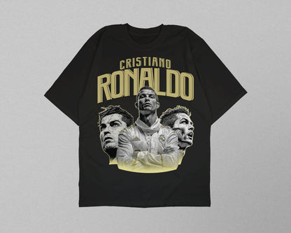 Black t-shirt with 'Cristiano Ronaldo' graphic on a gray background