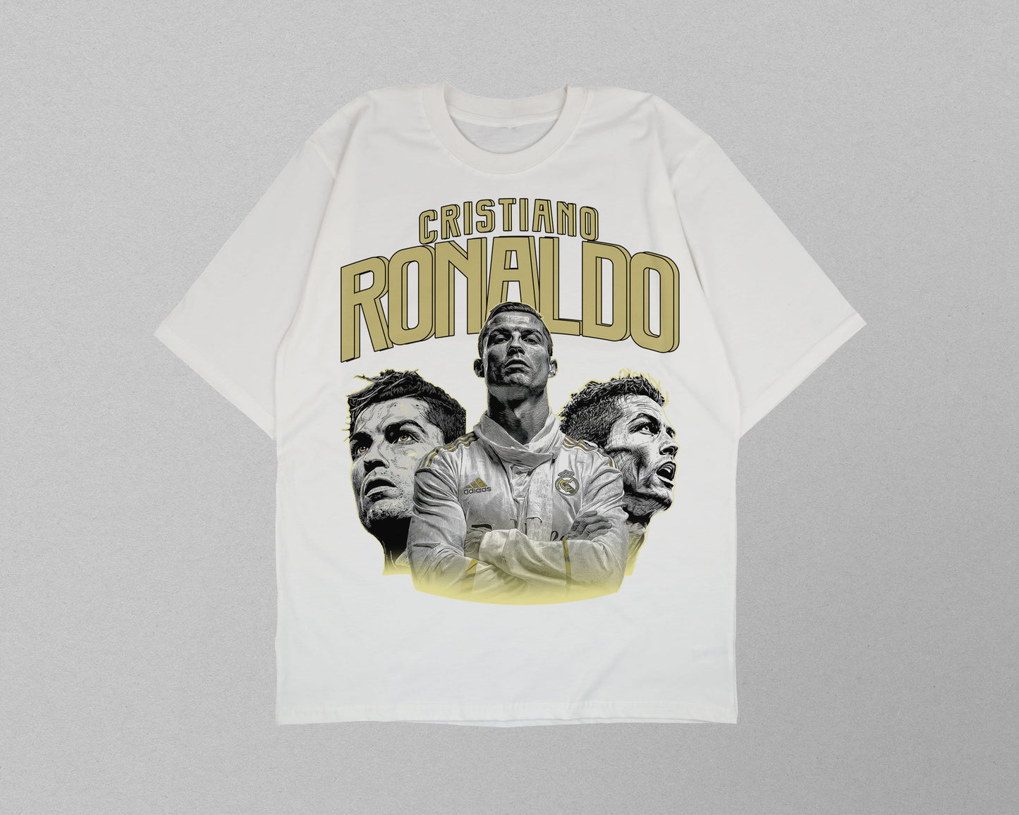 White t-shirt with Cristiano Ronaldo graphic on a gray background