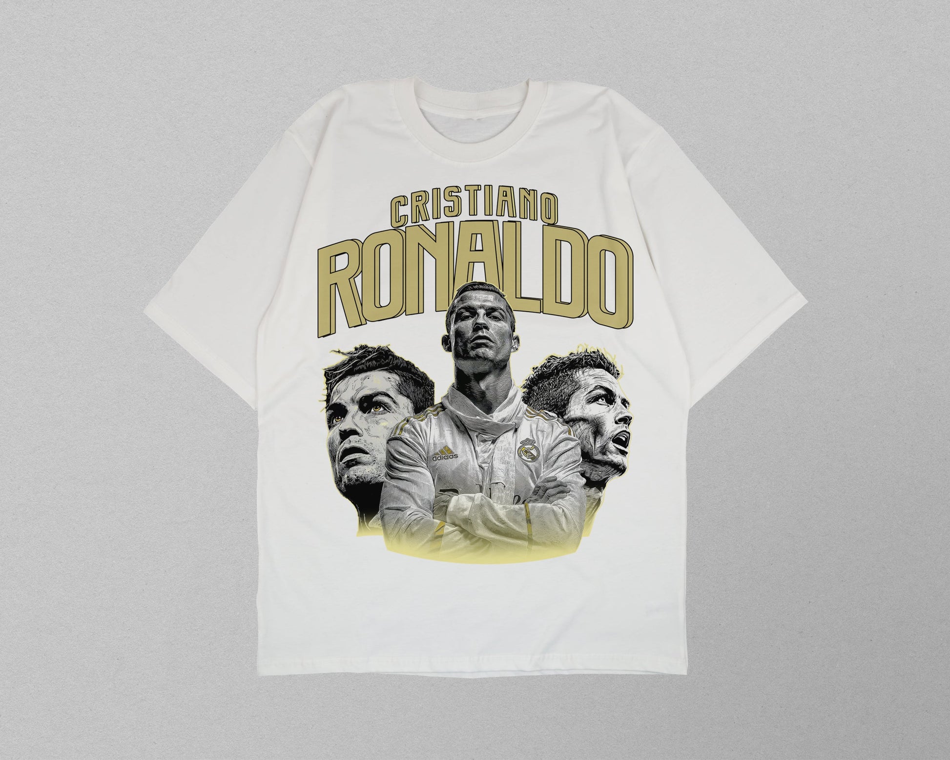 White t-shirt with Cristiano Ronaldo graphic on a gray background