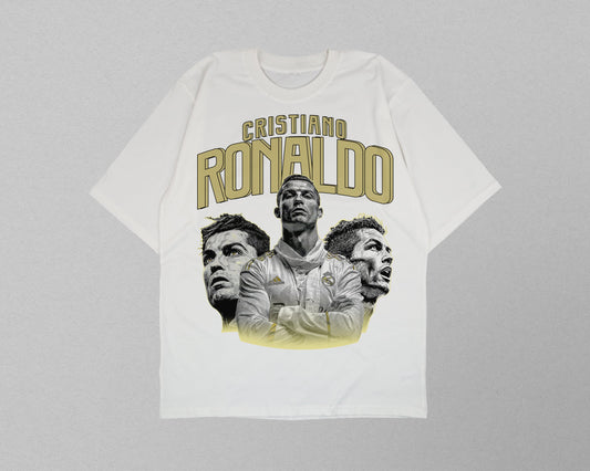 White t-shirt with Cristiano Ronaldo graphic on a gray background