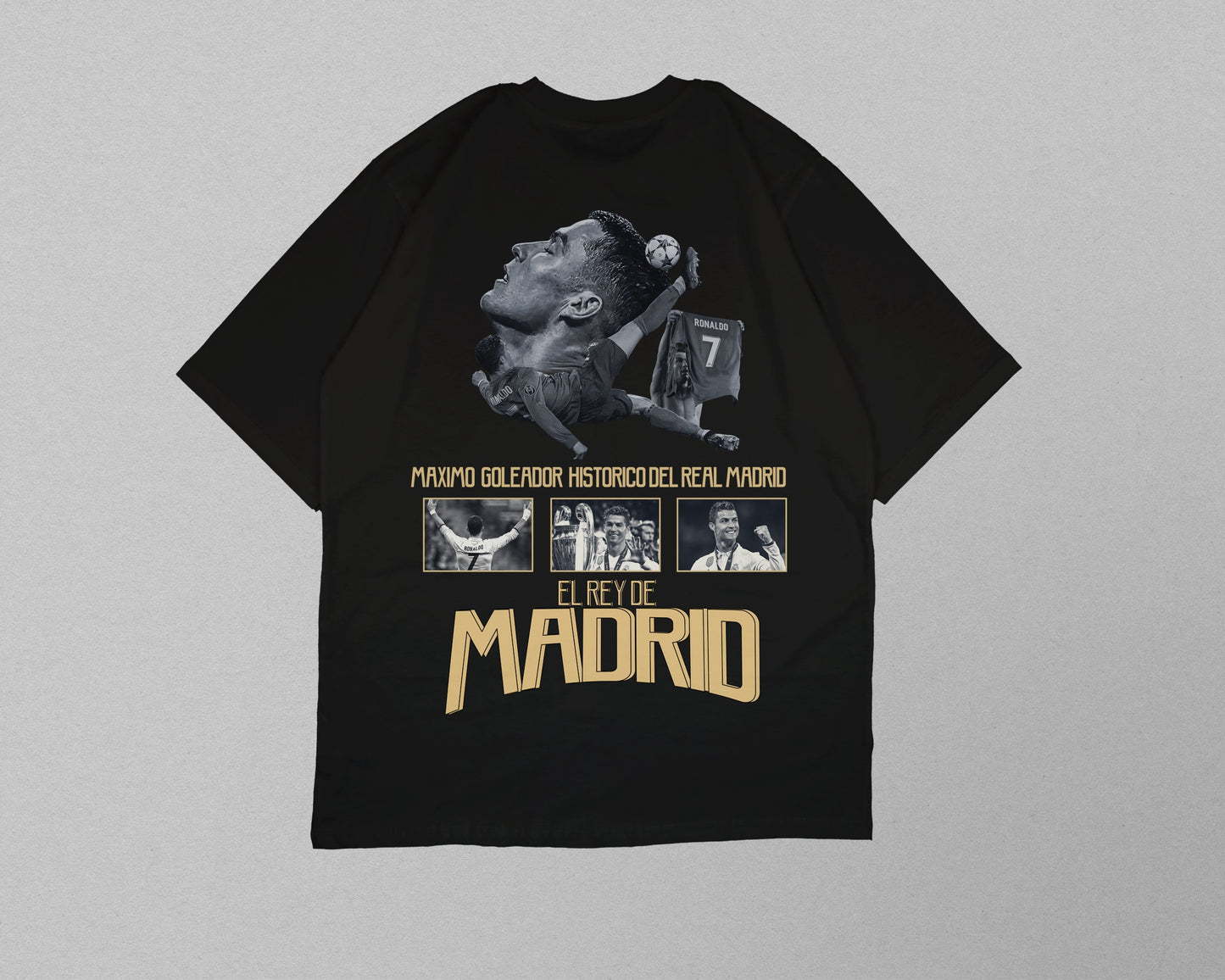 Black t-shirt with graphic design and text on a gray background