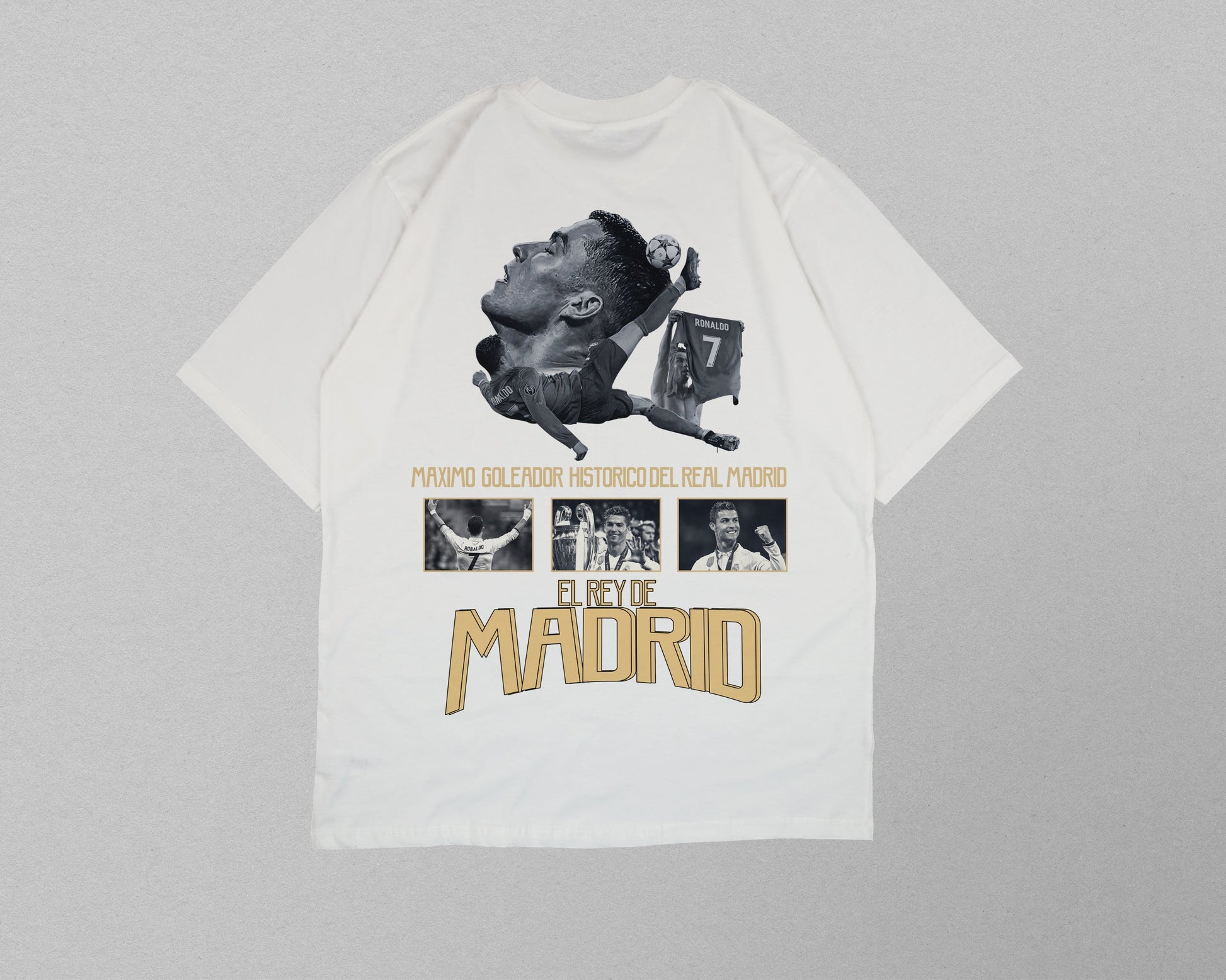 White t-shirt with graphic design on a gray background