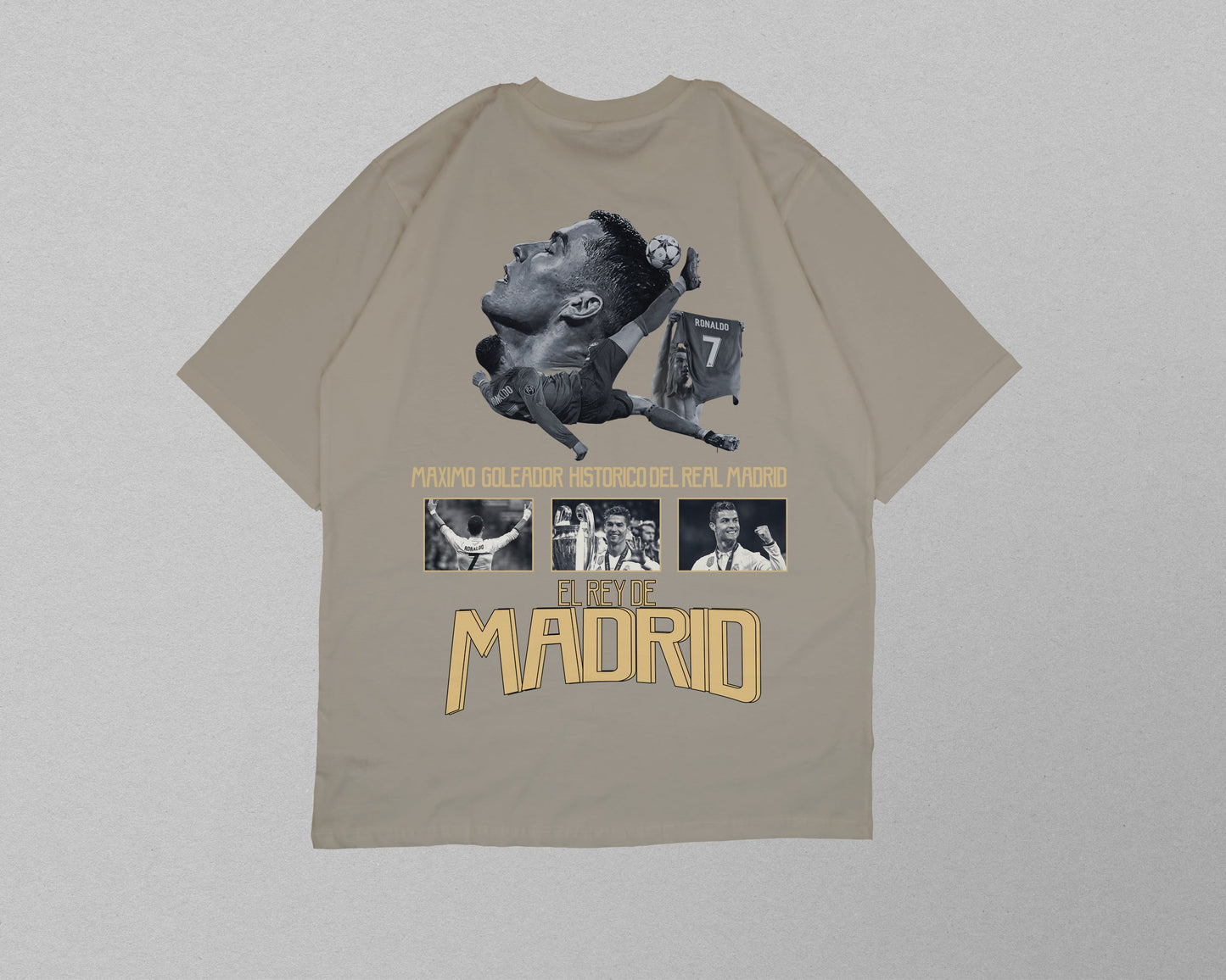 Beige t-shirt with graphic design and text on a light gray background