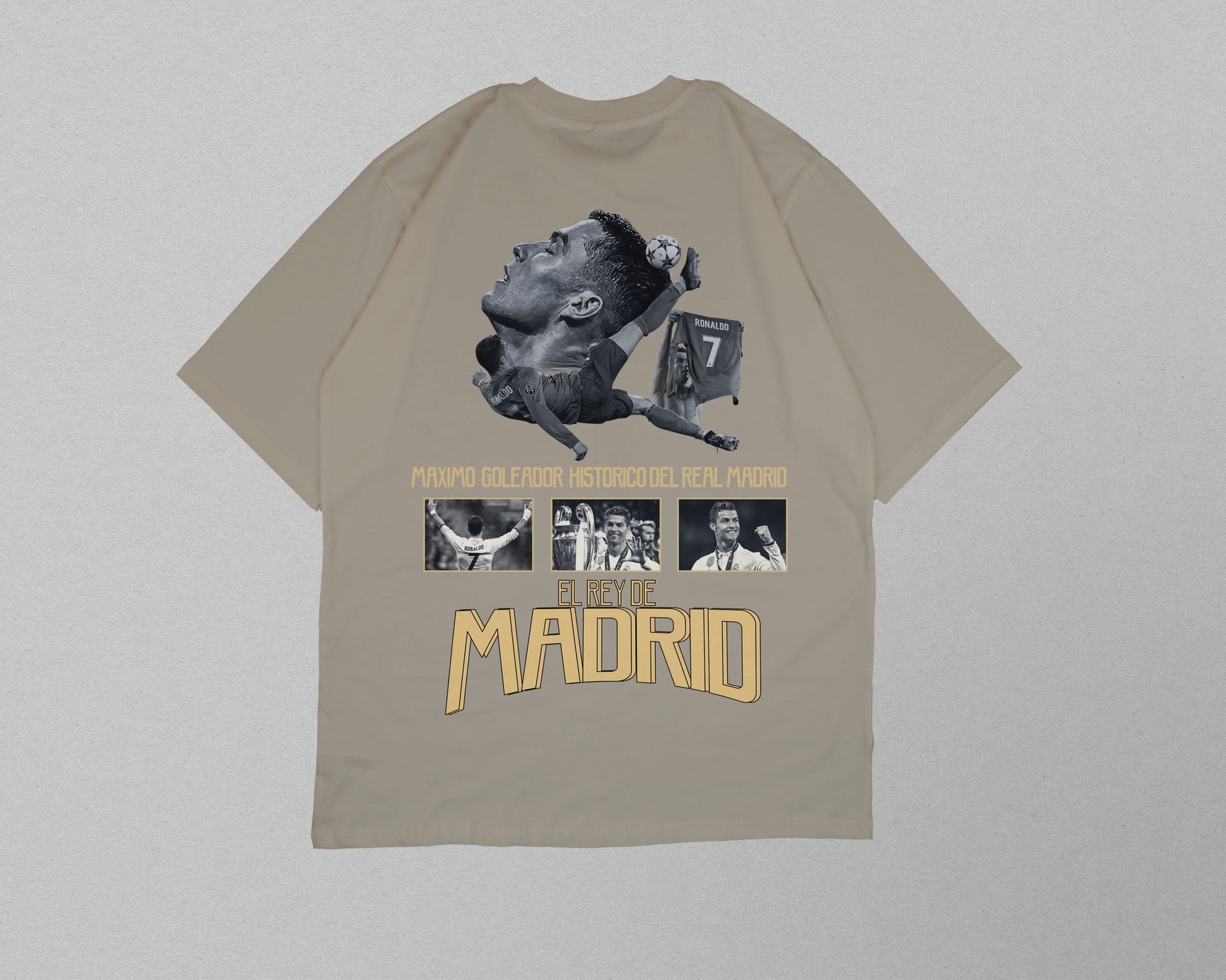 Beige t-shirt with graphic design and text on a light gray background