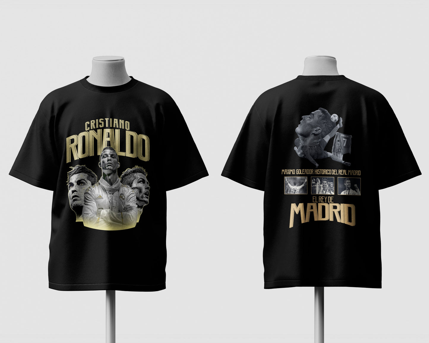 Black t-shirt with graphics and text on a white background