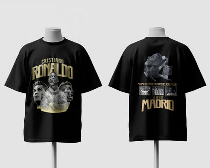 Black t-shirt with graphics and text on a white background