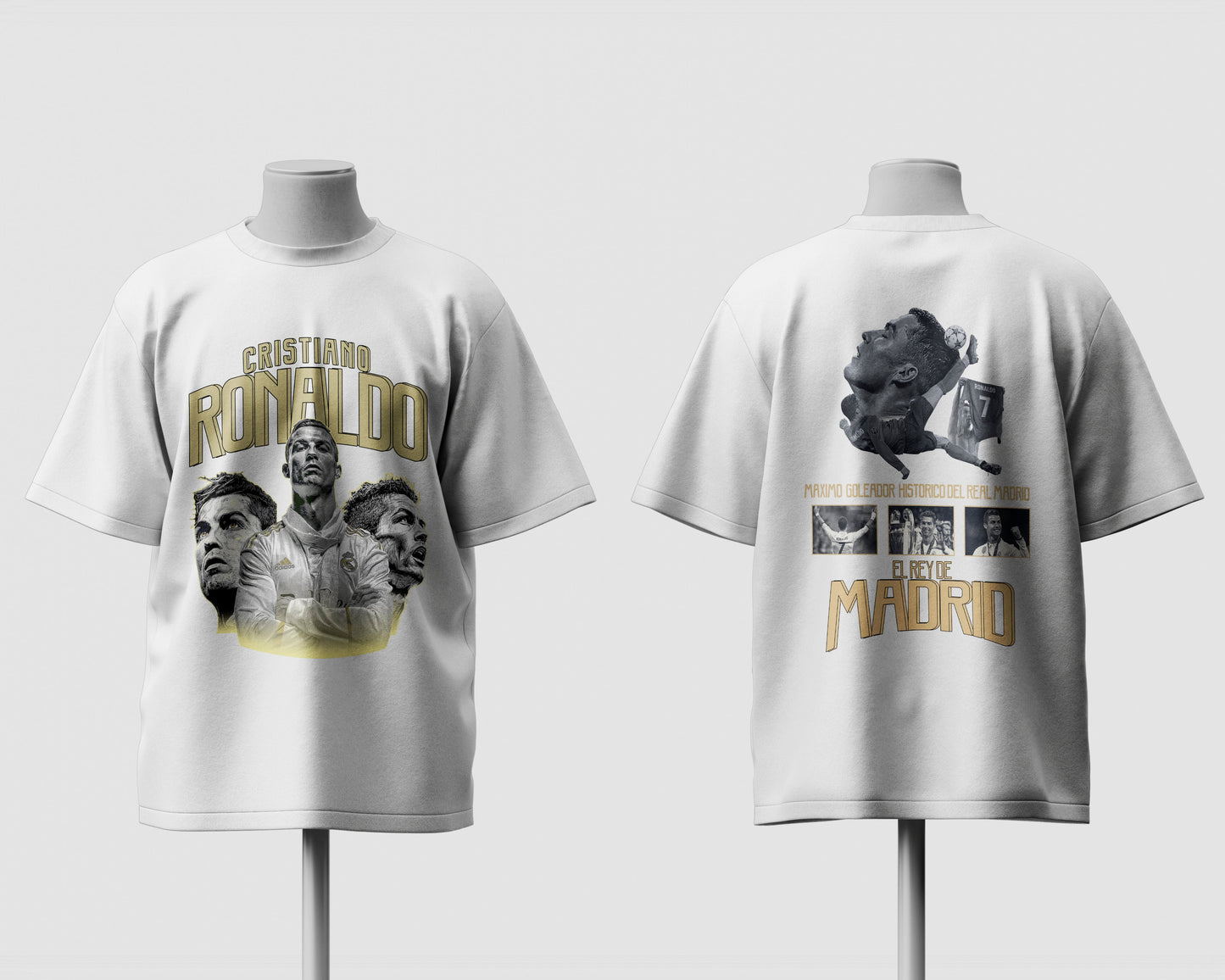 White t-shirt with graphics and text on a white background