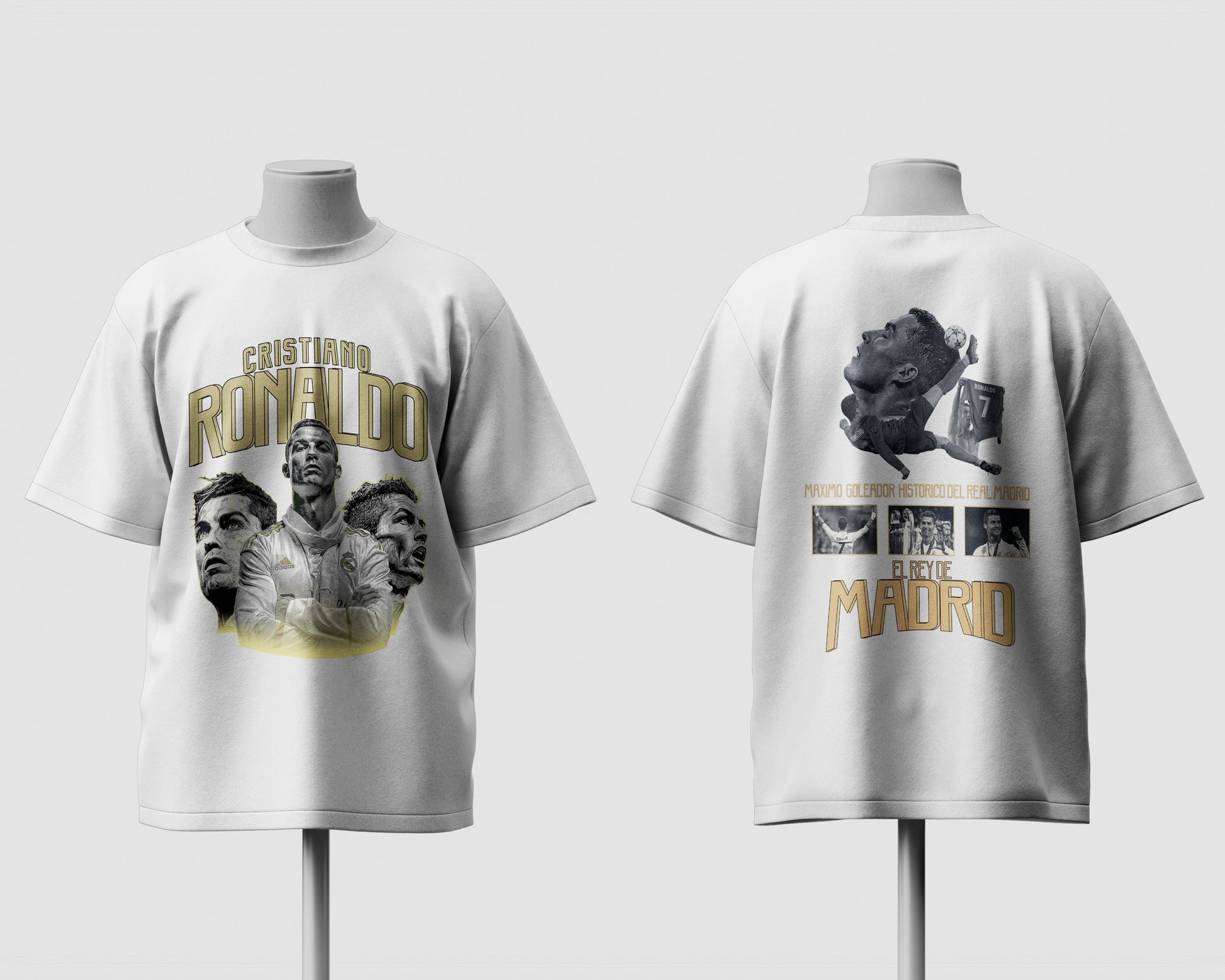 White t-shirt with graphics and text on a white background