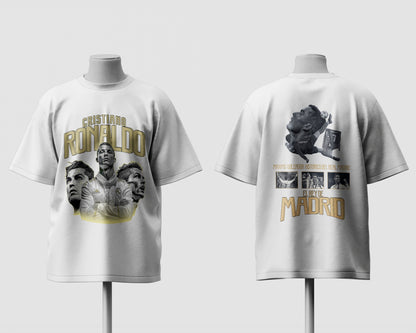 White t-shirt with graphics and text on a white background