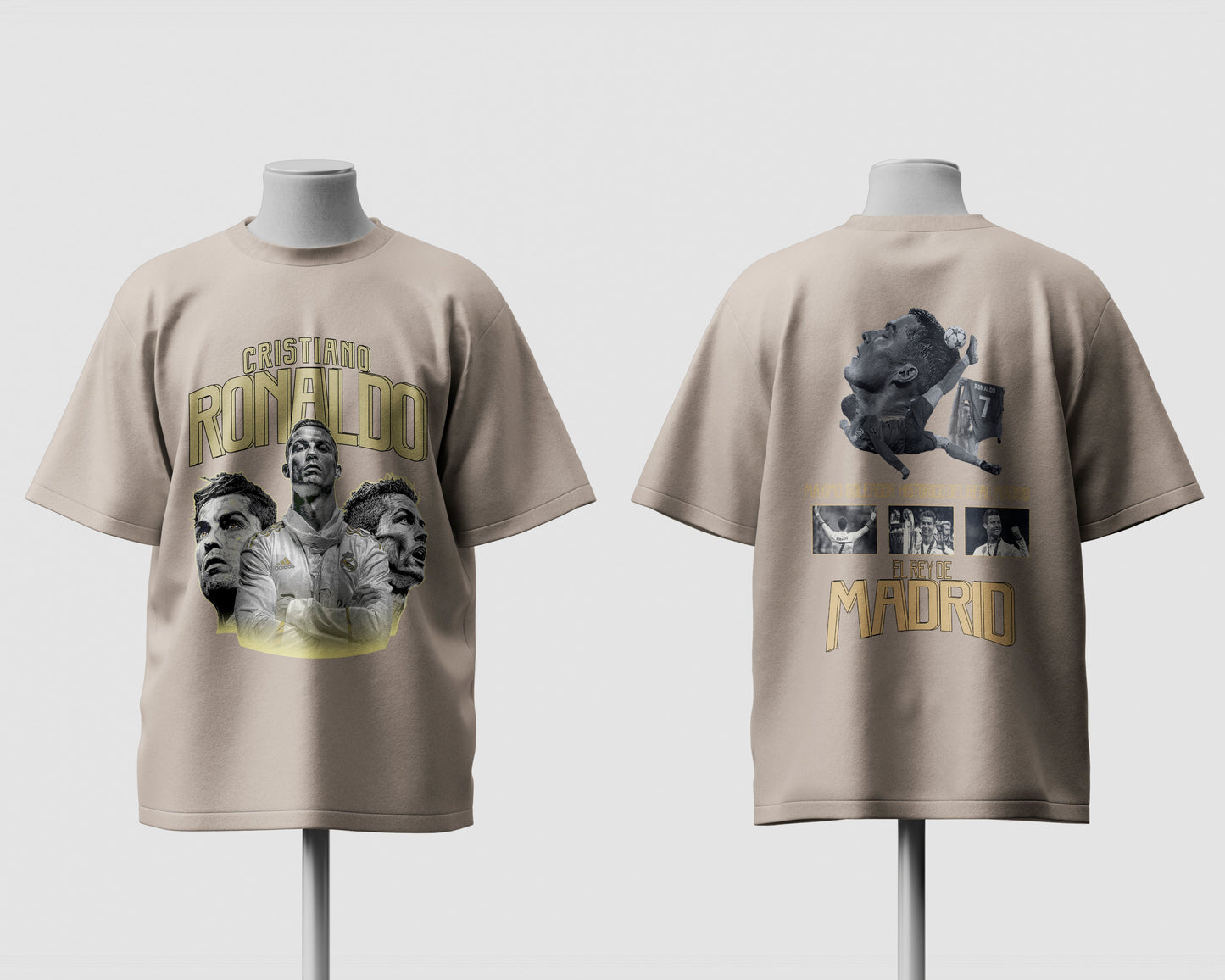 Beige t-shirt with graphics on a white background