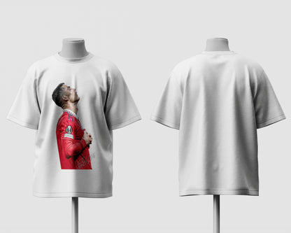 White t-shirt with a graphic of a person in a red sports jersey on a white background