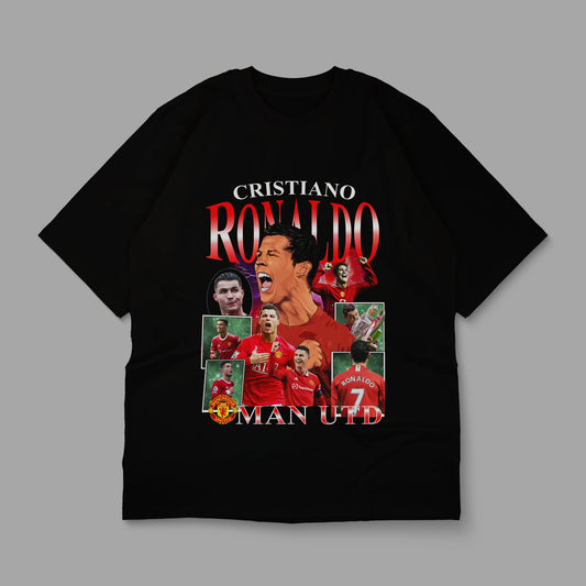 Black t-shirt with Cristiano Ronaldo graphic on a gray background
