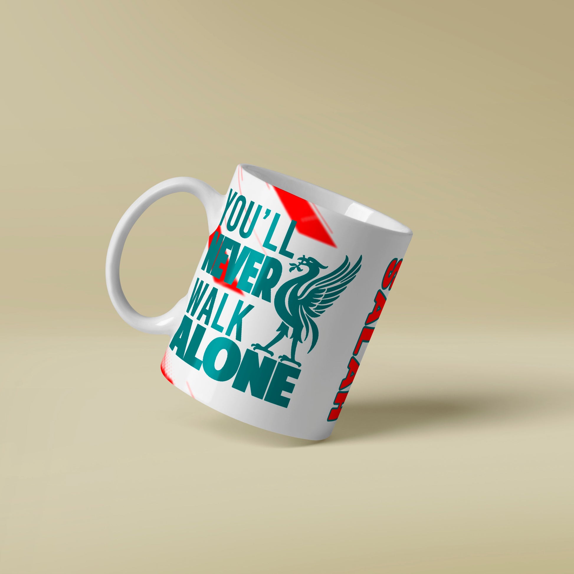 Mug with Liverpool FC logo and text on a beige background