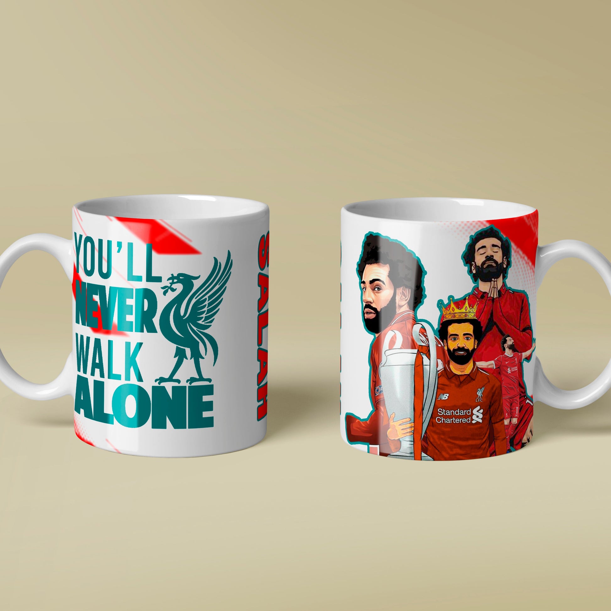 Two mugs with sports team graphics on a beige background