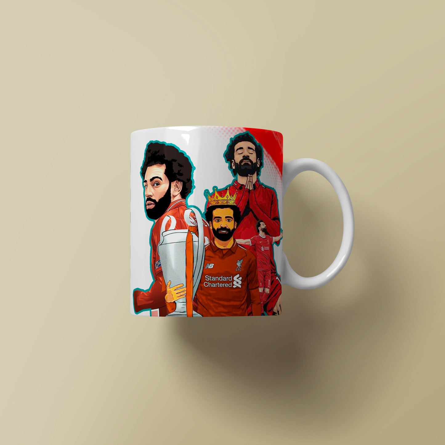 Mug with sports-themed design featuring athletes and a trophy on a beige background