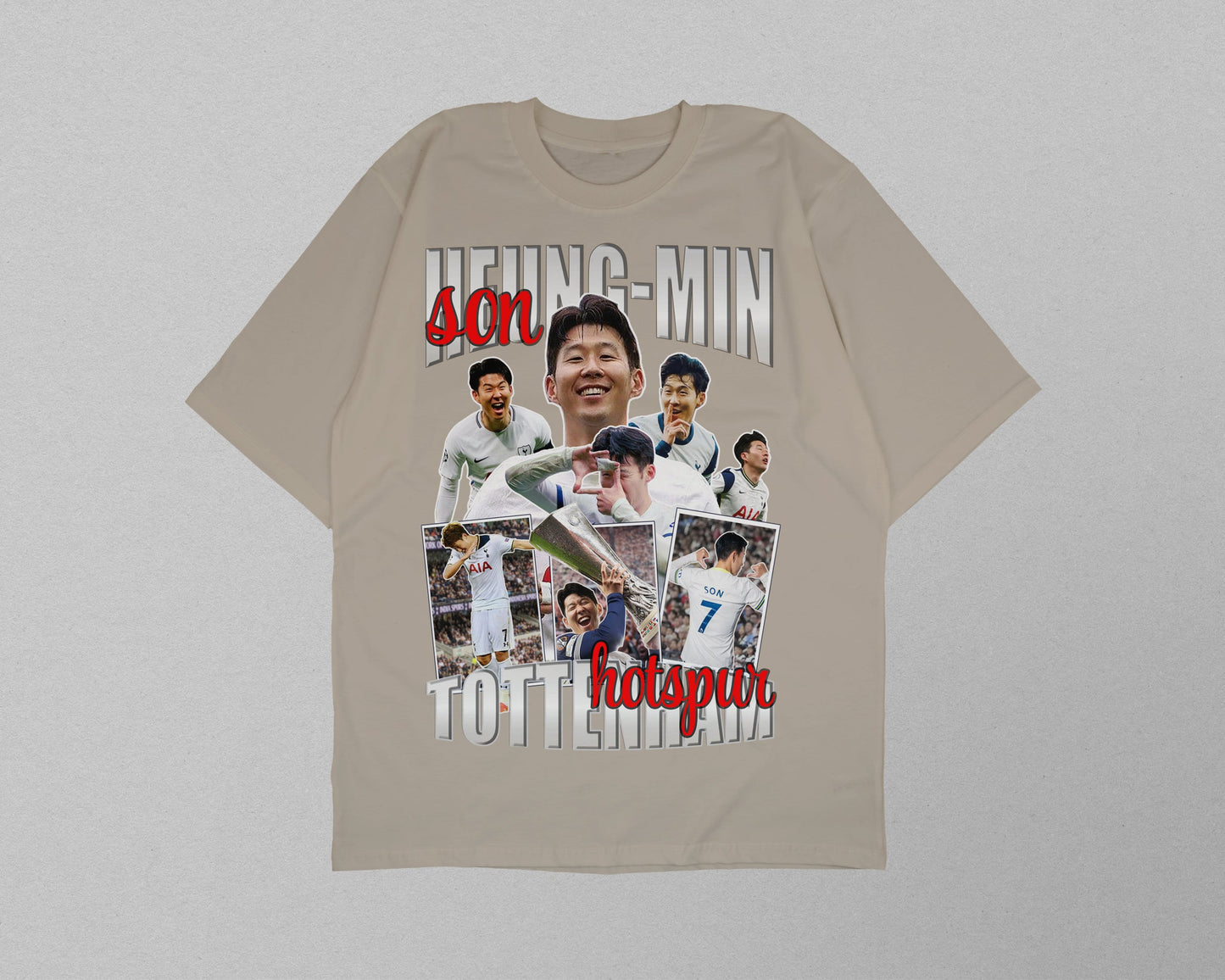 Side view of model wearing Son Heung-Min Tottenham Hotspur football t-shirt