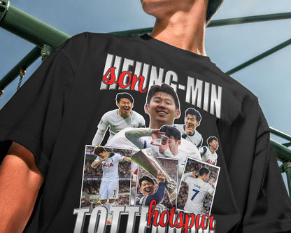Close up of Son Heung-Min Tottenham football collage graphic design on t-shirt