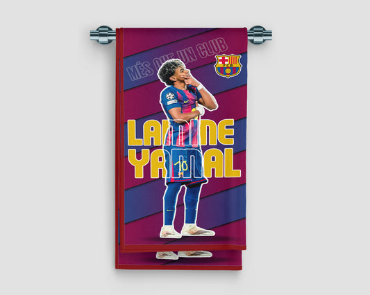 Towel with a person in sports attire and colorful design on a purple background