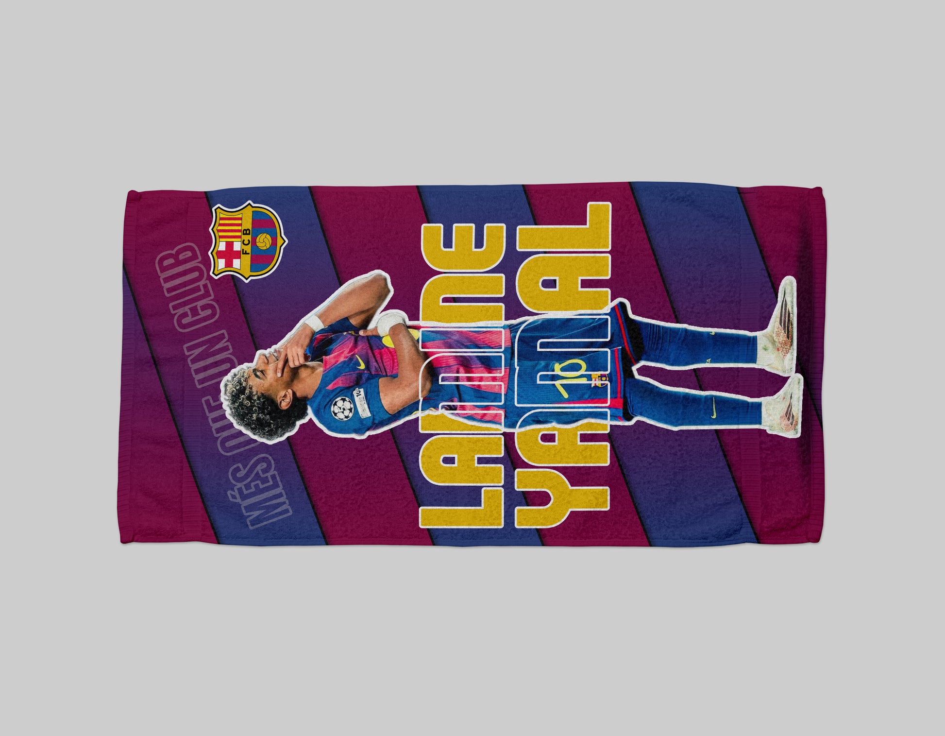 Towel with sports player design and colorful stripes on a gray background
