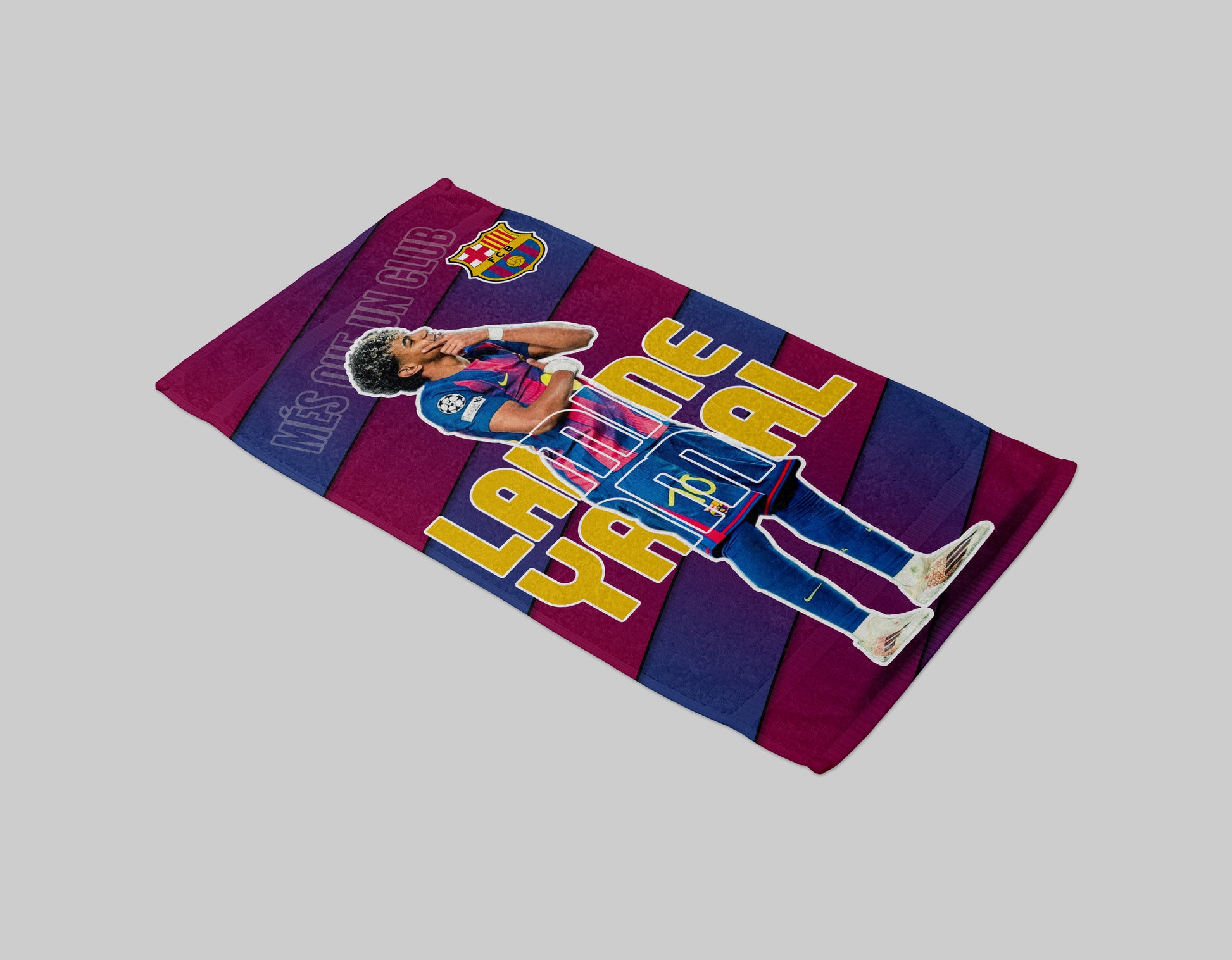 Colorful sports towel with branding and text on a gray background